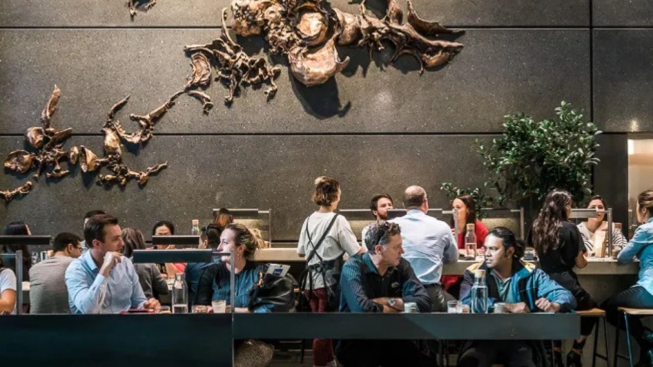 Modern and lively Hill Bros Cafe interior with stylish decor, wooden wall art, plants, and guests enjoying casual dining.